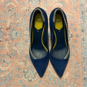 Fendi Roma Suede Pointed-Toe in Indigo-Blue W/ Silver Metallic & Gold Pumps 38